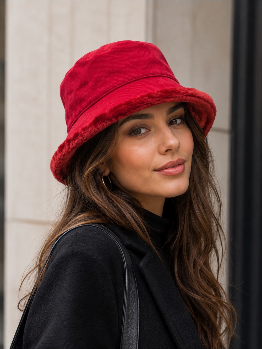 Manhattan & Company By David & Young Red Faux Fur Trim Bucket Hat Winter Hat